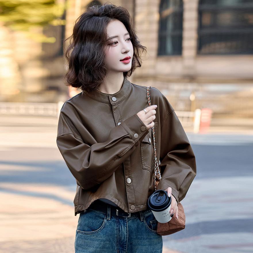 

Женская кожаная куртка осень новая короткая с чувством дизайна маленькая модная с воротником-стойкой кожаная куртка L