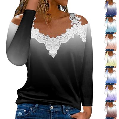 Fashionable Lace V-neck Pullover Long Sleeve Gradient Print Top  Casual T-shirt