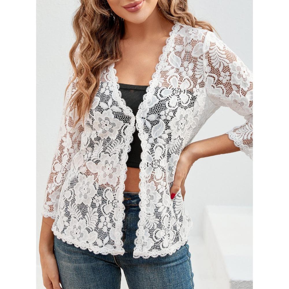 Nový volný a všestranný plus-size krajkový top s ochranou proti slunci a průsvitným kardiganem s výstřihem