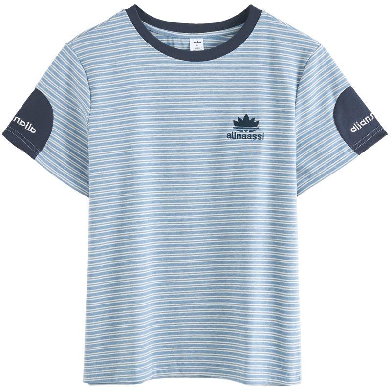 Women's Summer New Stripe Loose Casual Round Neck with Foreign Style Short Sleeved Top