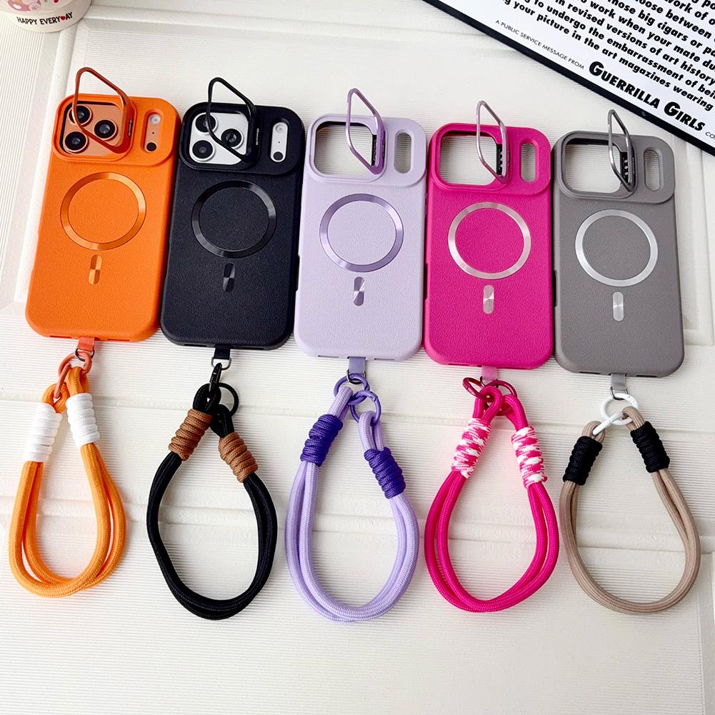 Wrist Strap Leather Textured Case For iPhone 17 Pro Max 17 pro Air 16 15 14 13 12 11 Metal Lens Bracket Magnetic Ring Cover