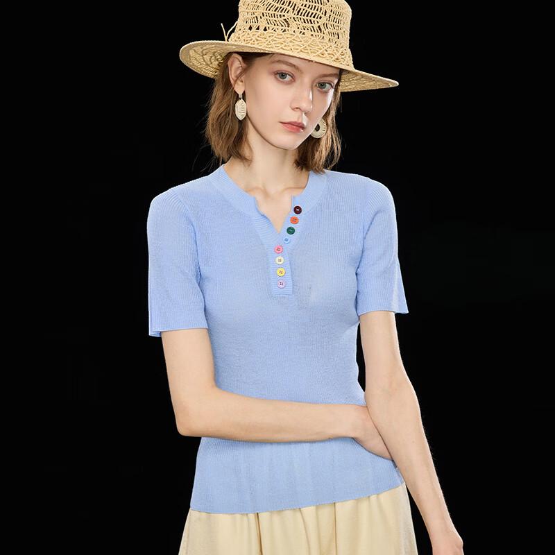 Wudao Women's Summer V-Neck Knit T-Shirt with Tencel-Linen Blend