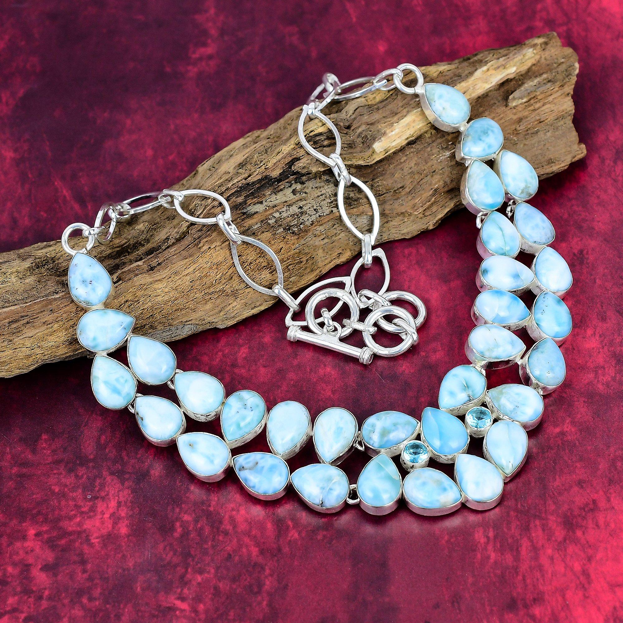 

Larimar 925 Solid Sterling Silver Necklace Adjustable, Chain Necklace Handmade Gemstone, Gift For Mom Antique Jewelry