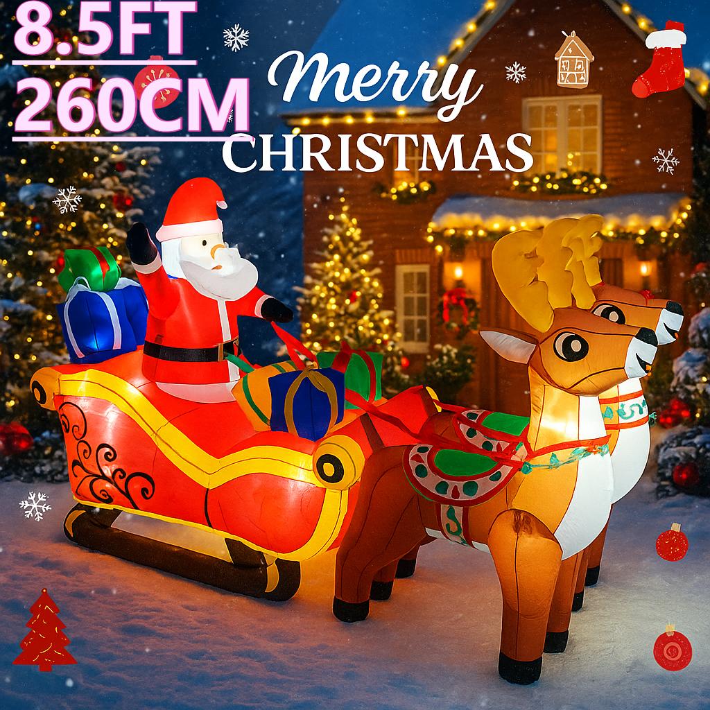 8.5FT LED Inflatable Xmas Yard Decor Santa Sleigh with Reindeer Christma Home Decoration Supplie Ornament Gift Toy Holiday Decor