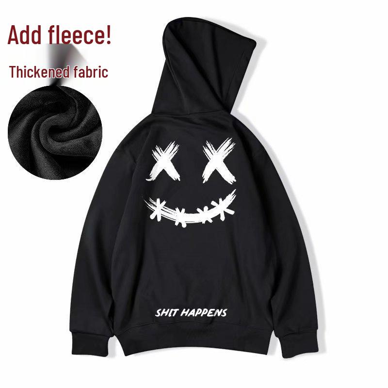 

Plus Size Smiley Face Hoodie - Hong Kong Style Ghost Print for Autumn/Winter 3XL чёрный