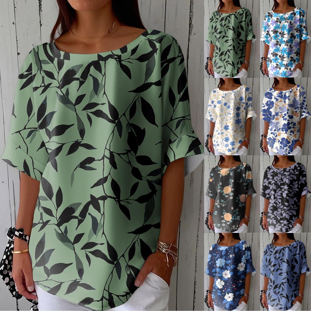 Women's Fashionable Casual Round Neck Printed Top Loose Top Printed Top Loose Top