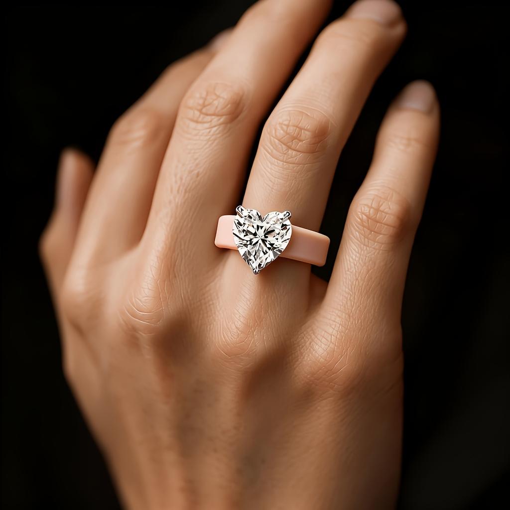 Khaki Silicone Band Ring with Solitaire Heart Cut CZ,  Soft Comfort Wedding Promise Jewelry Gift For Women