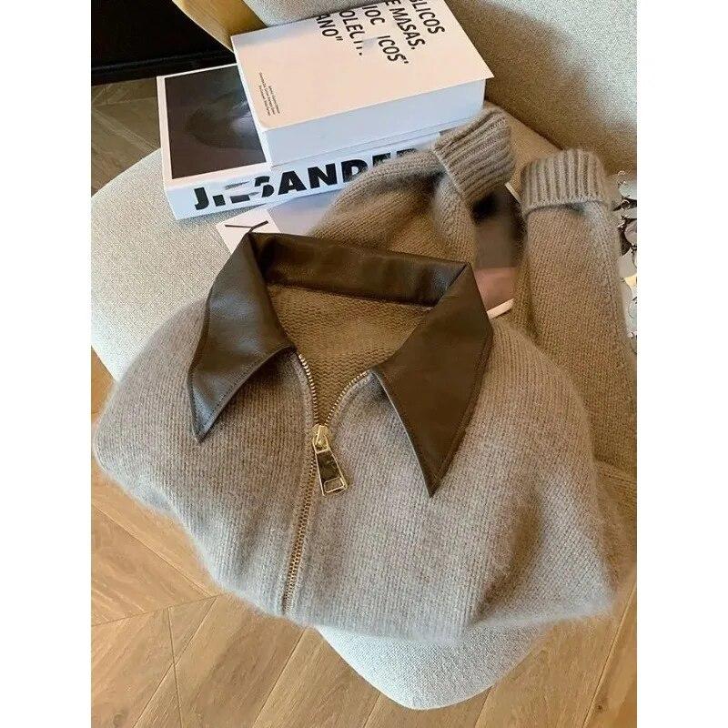 Polo Leather Collar Double Zipper Cardigan Women's Knit Short Coat  Long Sleeve Sweater Slim Retro Style Fashion Autumn Winter