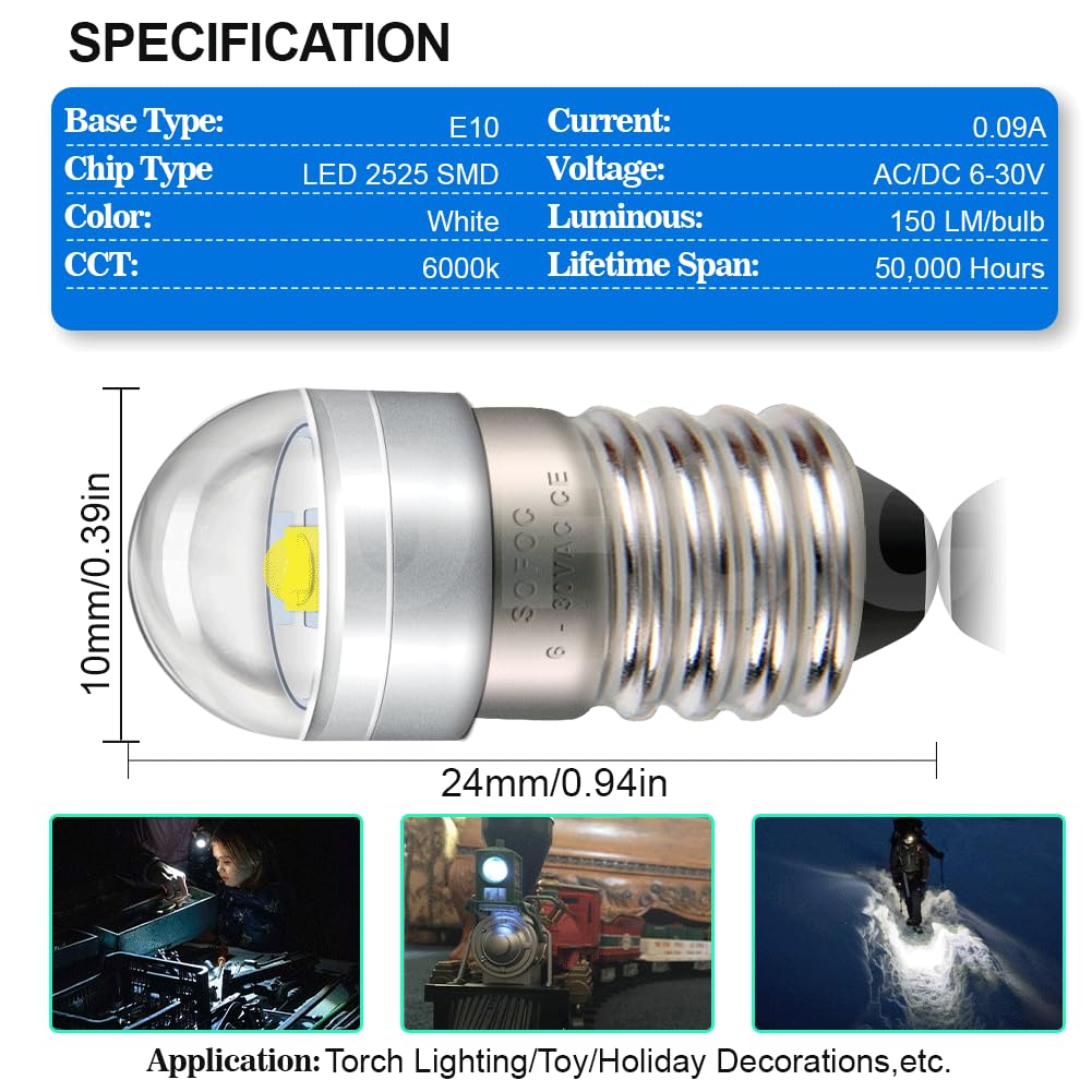 SOFOC E10 LED Flashlight Bulb, 6-30V ACDC, 6000K White, Decorative Light, DIY Indicator Lamp, OutdoorBicycle Headlamp, Penlight, Maintenance Light,