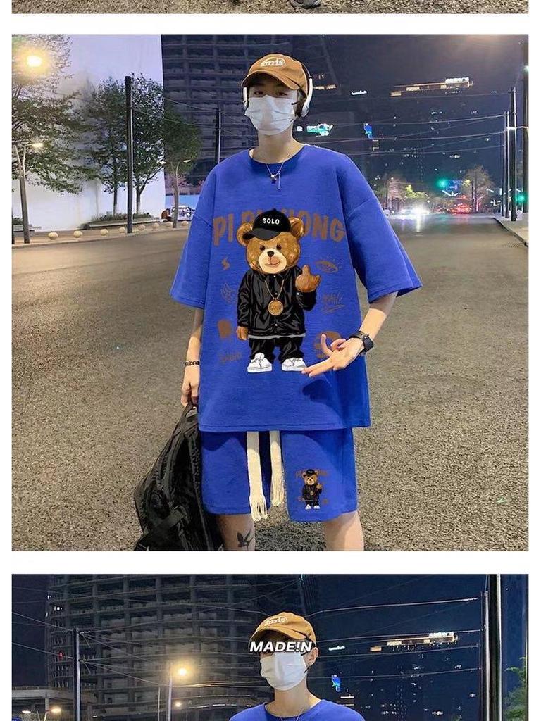 Hong Kong Style Men's Cartoon Short-Sleeve & Shorts Sports Casual Set