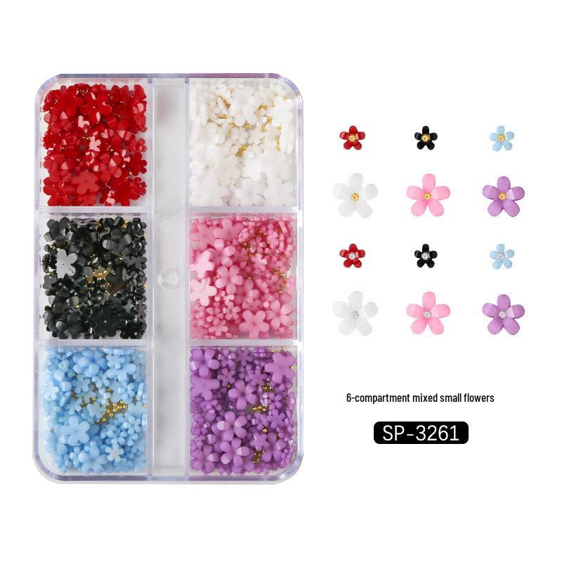 6-Grid Nail Art Set: Resin Mix, Pearls, Steel Beads, Macaron & Candy Color Flowers 3D Decor.