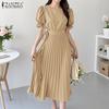 ZANZEA Women Casual Round Neck Short Sleeve Summer Pleated Dress