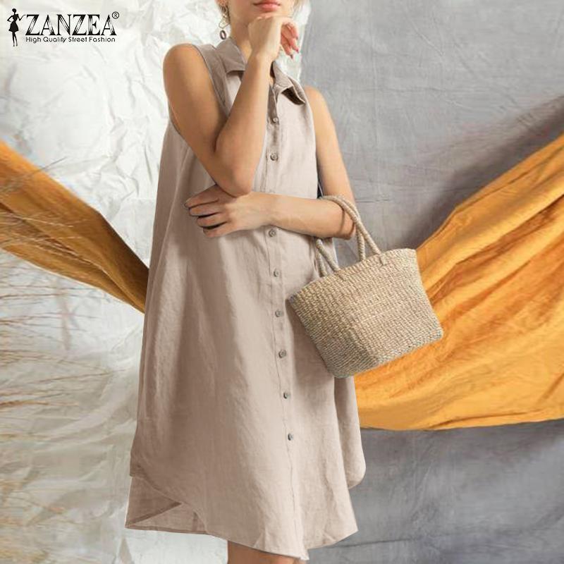 

ZANZEA Женское повседневное летнее платье без рукавов с отложным воротником