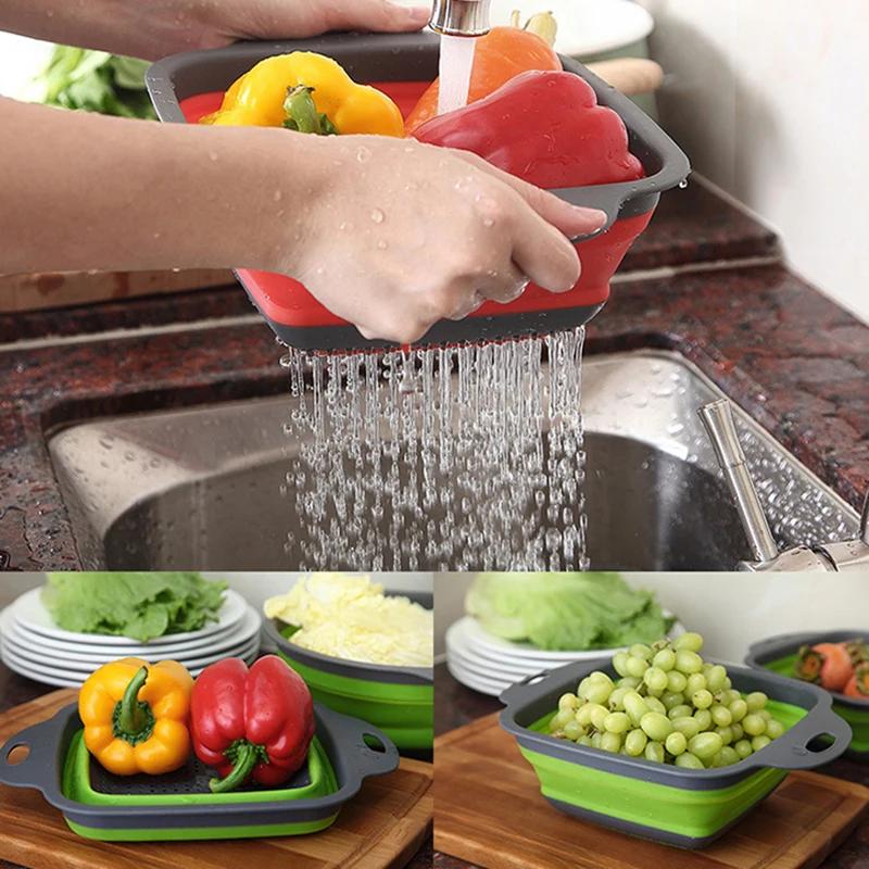 Silicone Folding Drainer Basket Portable Kitchen Strainer Fruit Vegetable Washing Folding Drainer Kitchenware Drain Device GLW01