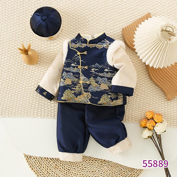 New Boys' Fleece-Lined Tang Suit Three-Piece Set for Autumn & Winter: Chinese Style Baby Outfit.