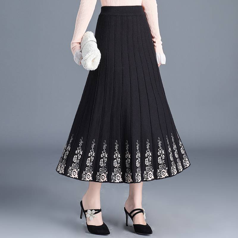 Kvinners fortykket A-linjeskjørt trykt strikkeskjørt høst og vinter etnisk stil høy midje