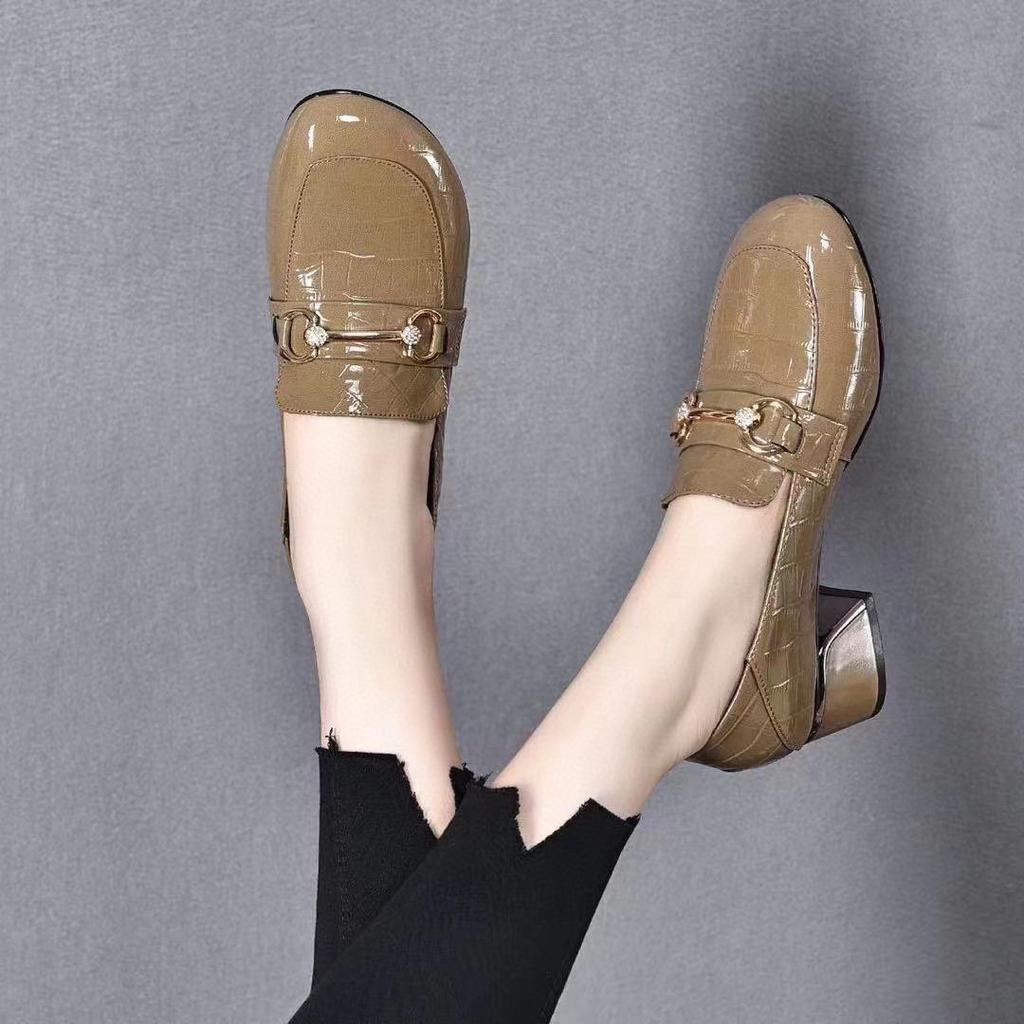 Deep Mouth Single Shoes Women's Autumn New Thick Heel Embossed Cow Patent Leather One Pedal Small Leather Shoes One Shoe Two Wear Women's Shoes