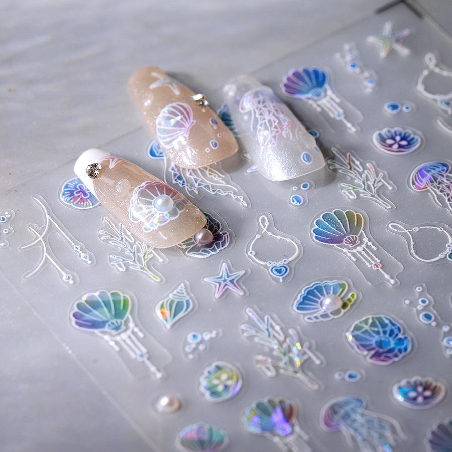 Pearl Shell Starfish Conch Coral Bubble Ocean Blue Polarized Self Adhesive Nail Art Stickers Goldfish Koi Manicure Decals