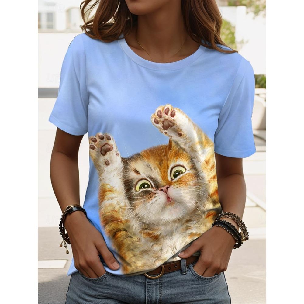 

Cute cat pattern 3d printed T-shirt ladies summer O-neck short-sleeved top street loose M