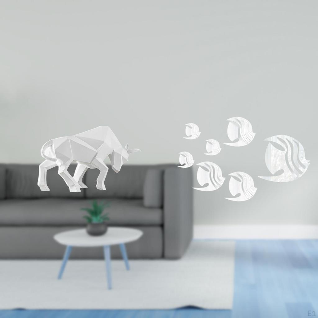 Modern Resin Bull Sculpture Abstract Figurine with Acrylic Mirror Fish Wall Decals for Entryway