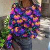Women Casual Long Sleeve Ribbed Knit Top Halloween Print Round Neck Pullover Slim Fit Stretchy Lightweight Shirt for Fall