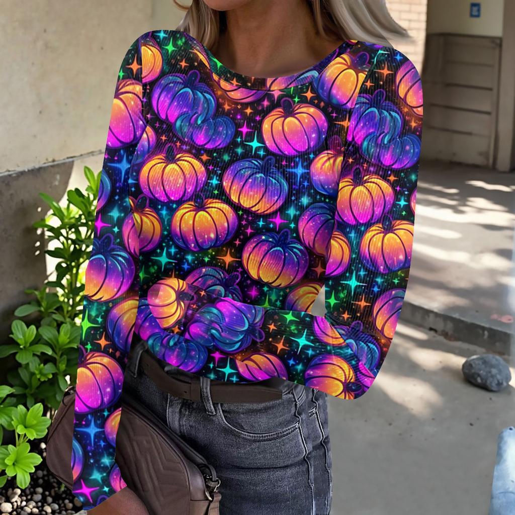 Women Casual Long Sleeve Ribbed Knit Top Halloween Print Round Neck Pullover Slim Fit Stretchy Lightweight Shirt for Fall