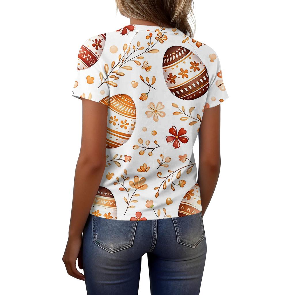 Modieus casual T-shirt met korte mouwen en raglanmouwen voor dames met paasprint.