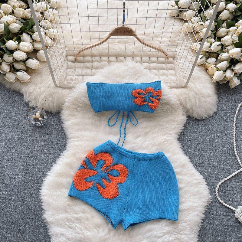

Dopamine Female Summer Crop Top Short Pants Knitting Suit Blue L
