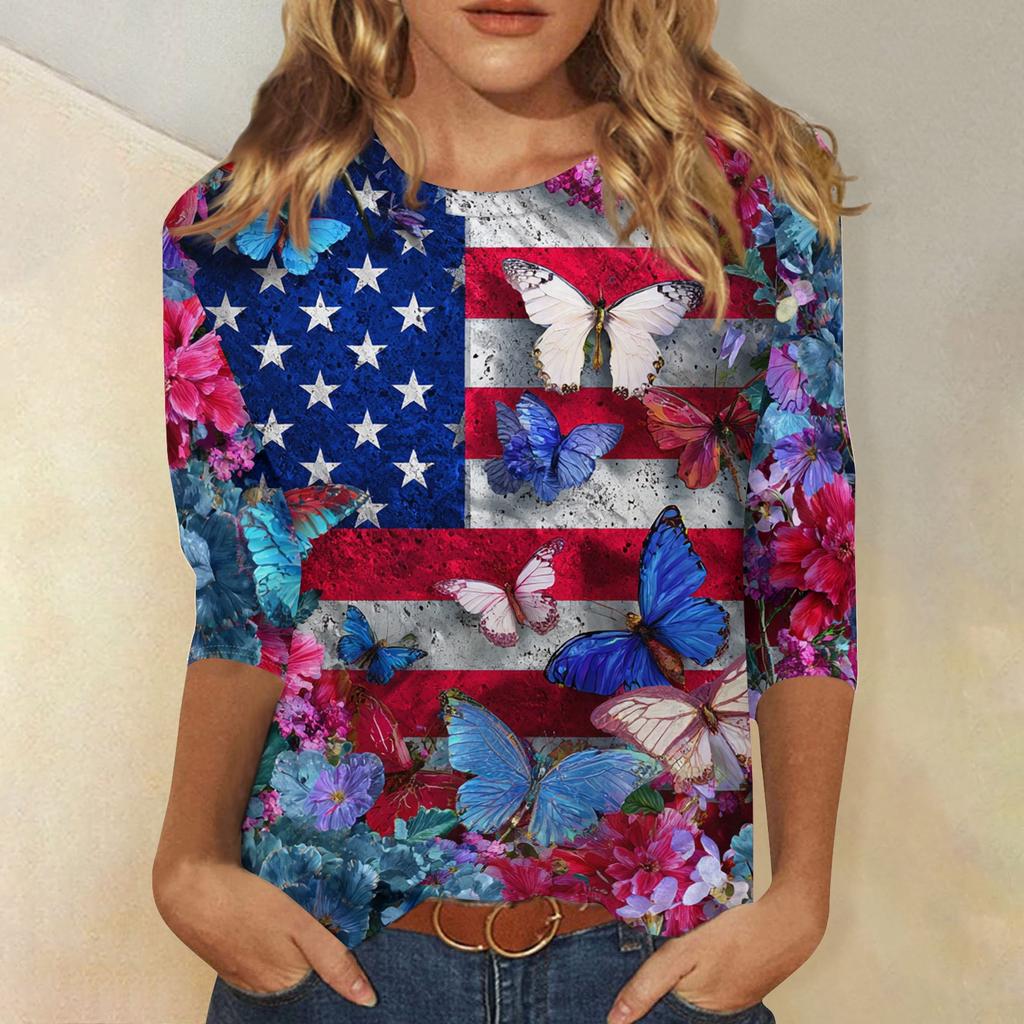 Women's Fashionable Casual Independence Day American Flag and Stars Print Neck Three-Quarter Sleeve T-Shirt Top