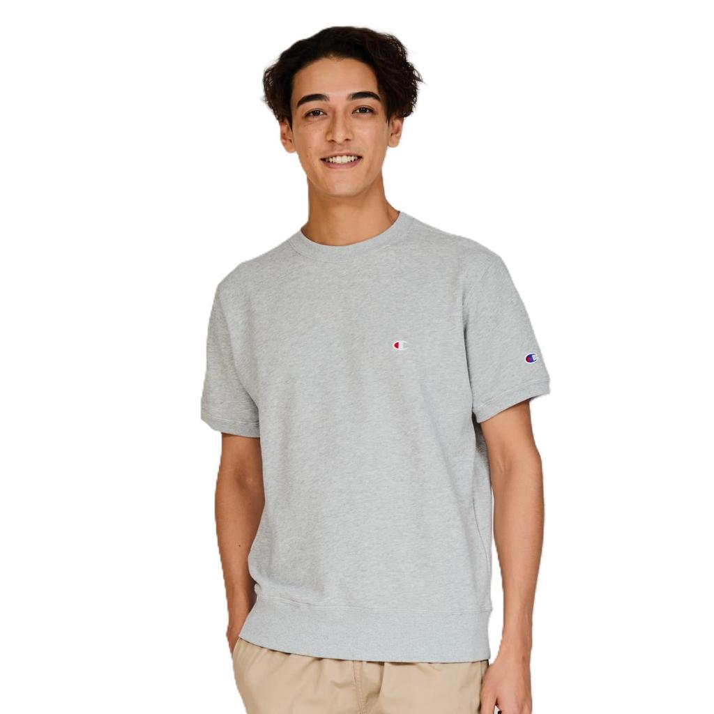 Champion Short Sleeve Crew Neck Oxford with Fleece Lining and Logo Embroidery Men's Sweatshirt, Basic, Gray, C3-Z020, One-Point
