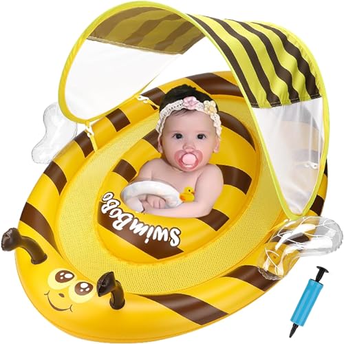 Baby Swim Ring with Cover and Leg Holes, Cute Bee Design, UV Protection SPF50+, Removable Sunshade, Suitable for Children 6 Months-3 Years Old (Yellow