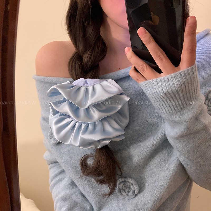 Elegant Korean Blue Striped Lace Trim Scrunchie