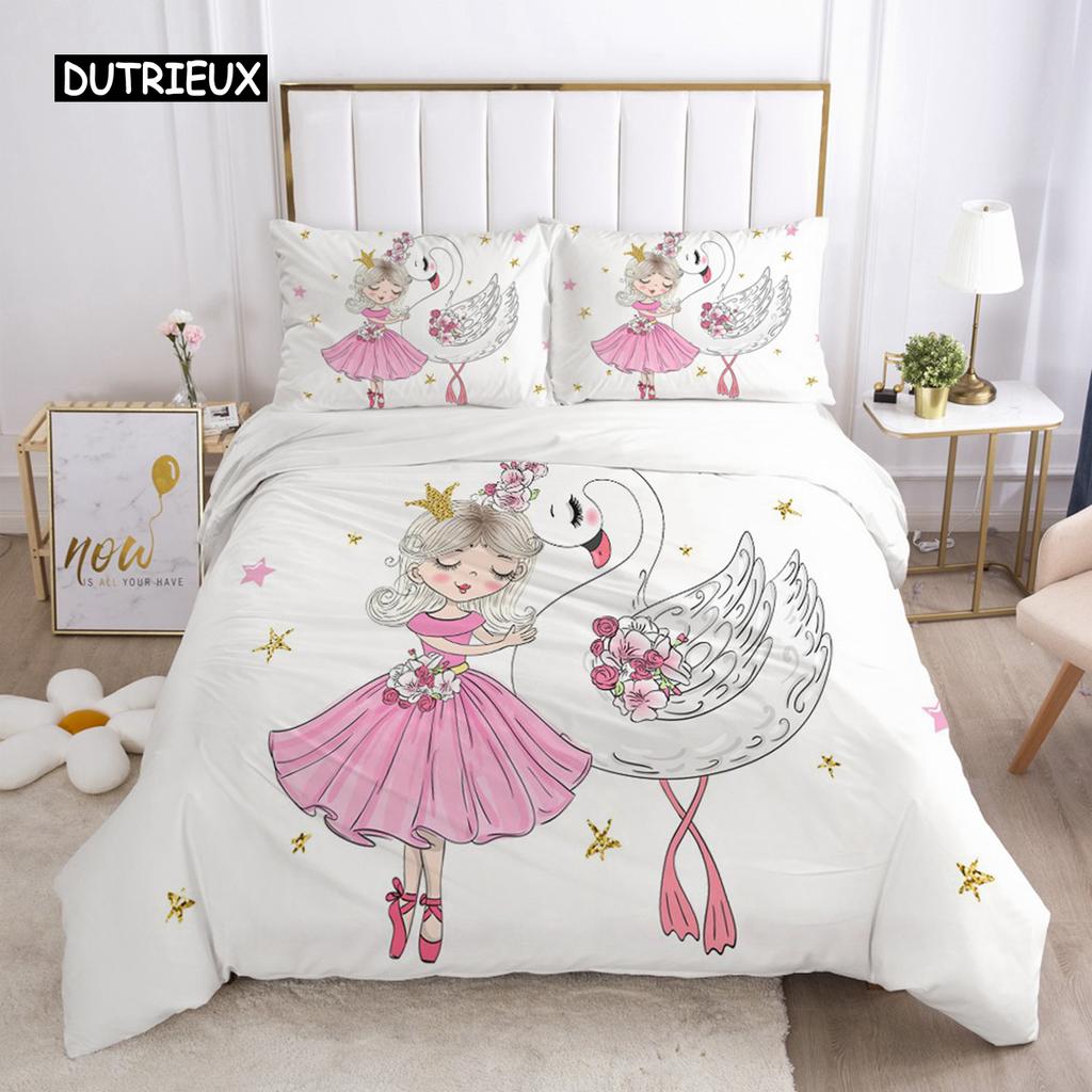 Duvet Cover Girls Princess Cartoon White Bedding Set Cute Duvet Cover Set for Baby Kid Children Pink Swan Bedroom Decorations