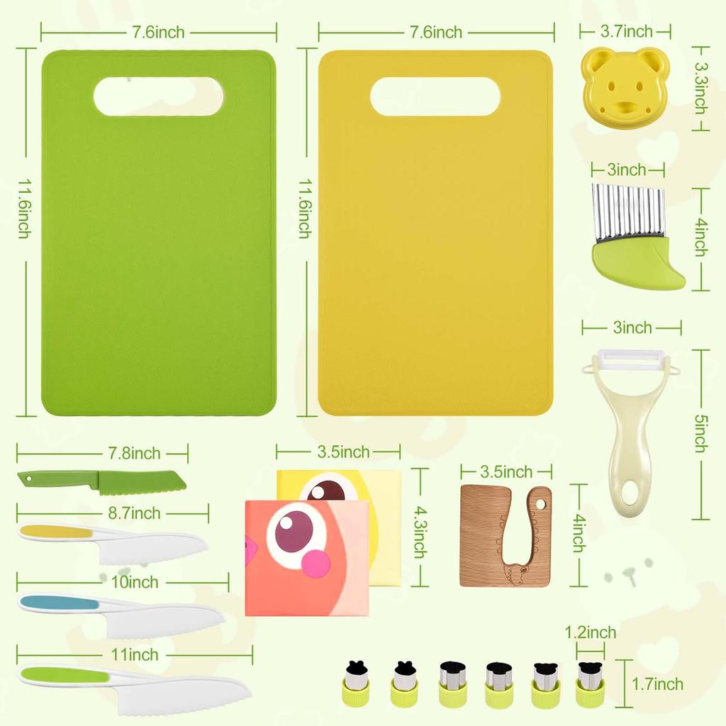 18 Pieces Montessori Kitchen Tools Cookware Baking Toy for Toddlers Kids, Toddler Safe Knife Set for Real Cooking, W/ Cutting Boards, Crinkle Cutter,