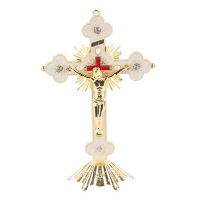 Metal Standing Cross Red Rhinestone Decoration Exquisite Retro Elegance Standing Crucifix with Base