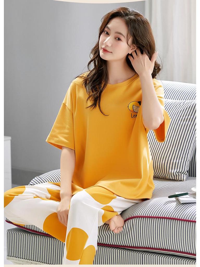 Women's Summer Pajama Set - Stretchy Short Sleeve Top & Long Pants with Built-in Bra Pads, Cotton-Like, Thin, Pullover, Outdoor-Friendly Loungewear