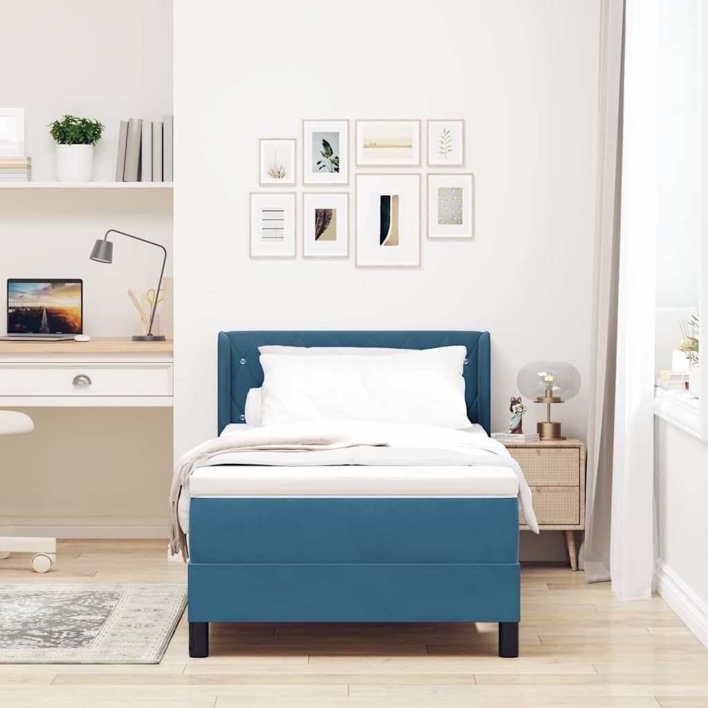 Box Spring Bed with Headboard Dark Blue 200 x 90 cm Velvet