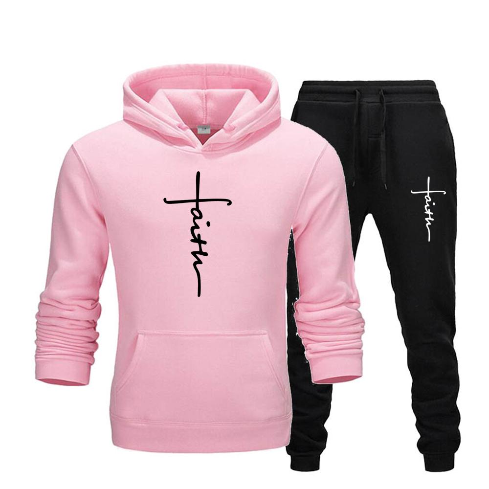 "Faith" Men's Casual Sports Hooded Sweatshirt +Drawstring Pants 2 Pieces Sets  Letter Print Sweatshirt Fleece Hoodie Set Men's
