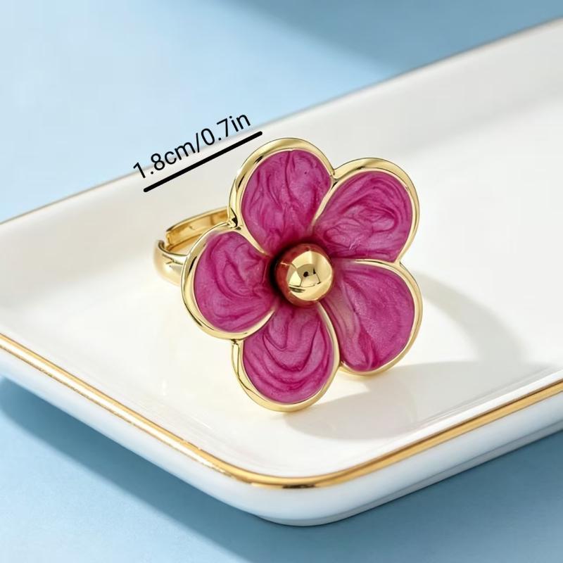 Gold Plated Colorful Enamel Flower Ring Elegant Dainty Floral Pattern Skin-friendly for Women Daily Date Wear Accessory