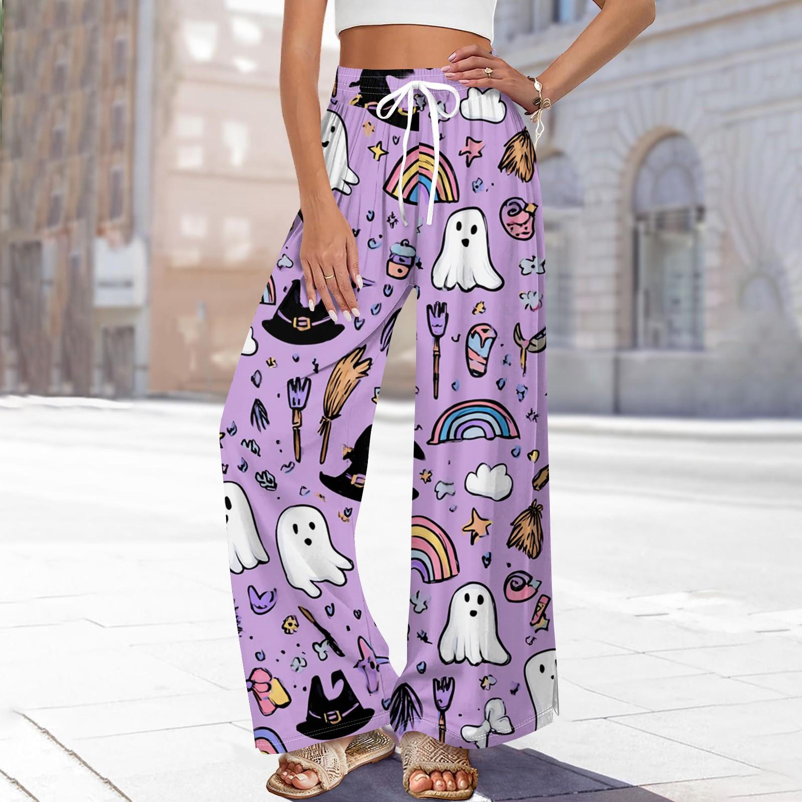 

Women s Casual Fashion Halloween Print Elastic Waist Drawstring Pockets Wide Leg Straight Trousers M