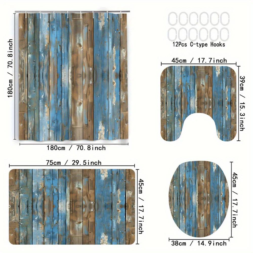 4 Pack Colorful Wood Digital Printing Polyester Shower Curtain Punch-Free Partition Bathroom Set With Waterproof Pad