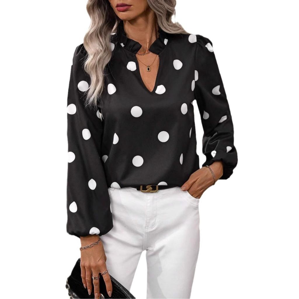 European and American New Polka Dot Print Long-sleeved Top