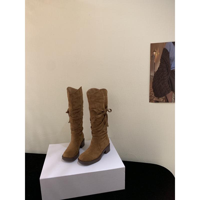 

New fashion boots 2025 autumn new wasteland fringed knight boots women s thick heel medium heel boots stacking boots 39 коричневый