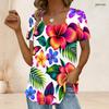 Women Plus Size U Neck Short Sleeve T Shirt White Tropical Floral Leaf Print Casual Top