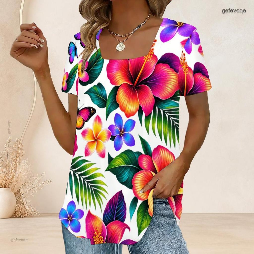 Women Plus Size U Neck Short Sleeve T Shirt White Tropical Floral Leaf Print Casual Top