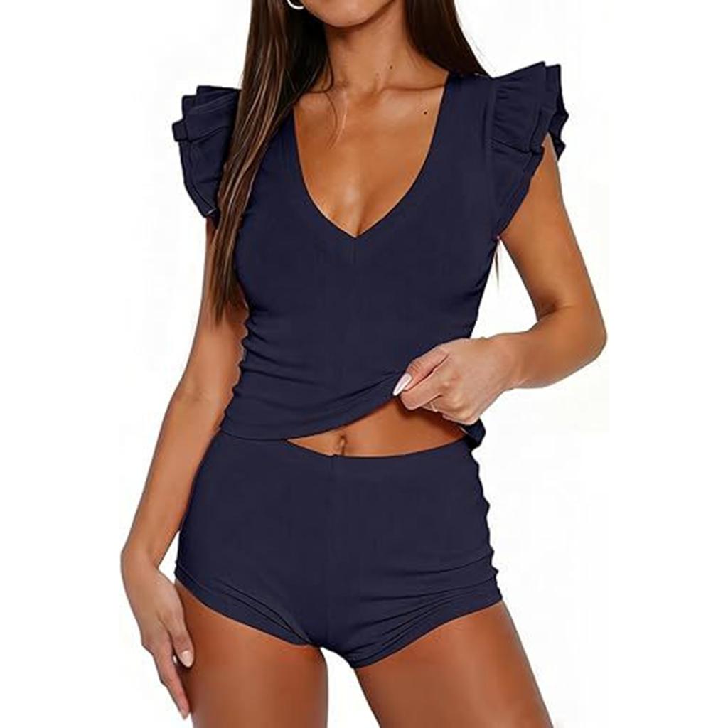Damen ärmelloses Strick-Westen-Top und Shorts Set V-Ausschnitt Rüschen-Schulterdetail Lässiges zweiteiliges Outfit Sommerkleidung