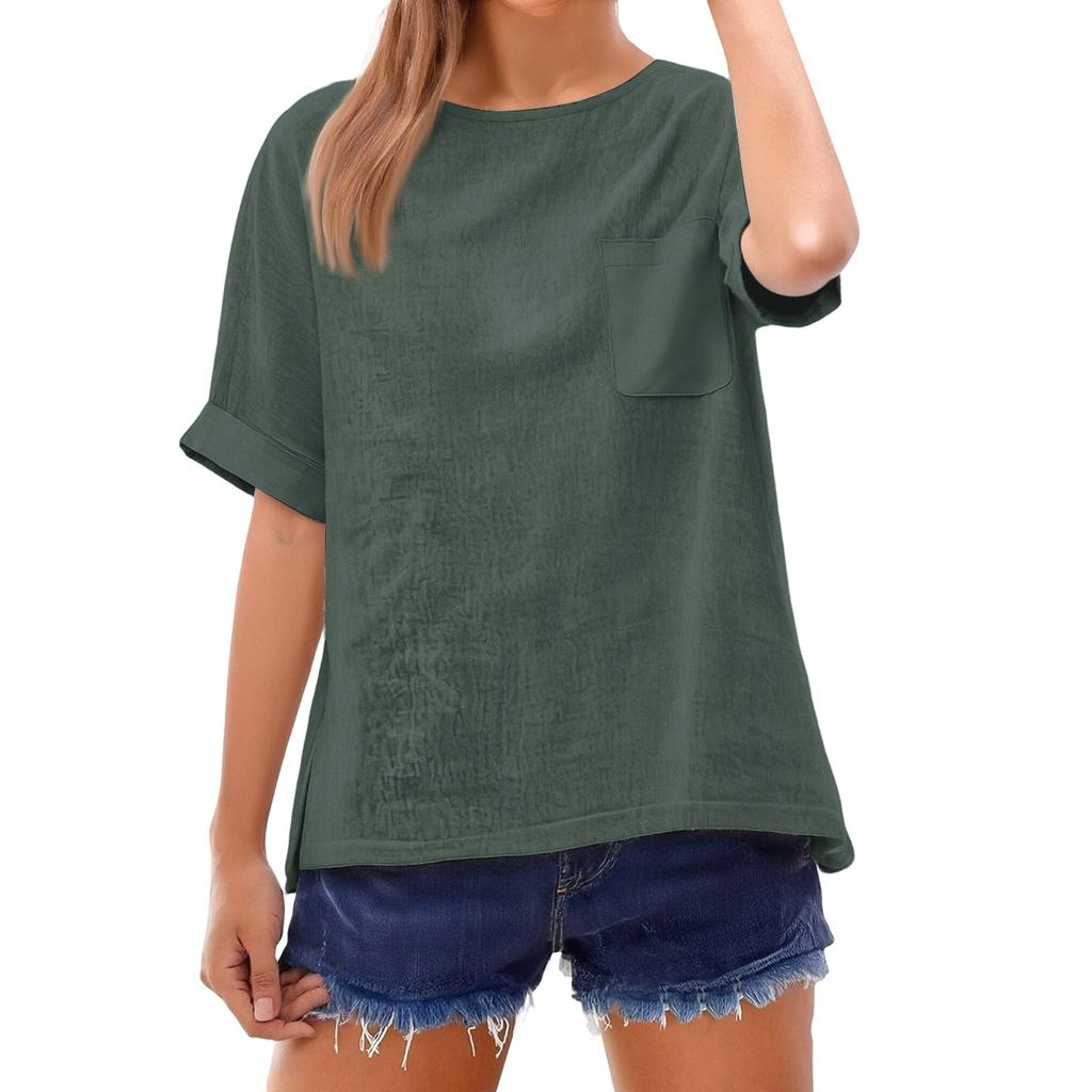 Fashionable Color Short Sleeve T-Shirt With Pocket Design, Fashionable Round Neck Lightweight Top For Women
