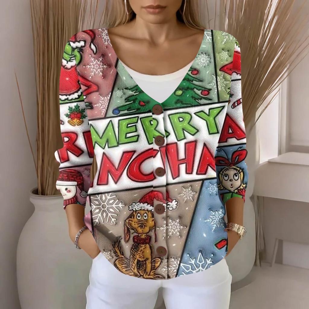 Women's Fashion Casual Knit Sweater Button-Up Christmas Print Cardigan Jacket