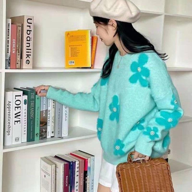 Milk Blue Soft Sweater Women's Fall and Winter Beaded Flowers Design Sense of Niche Fashion Foreign Sweet Comfortable and Versatile