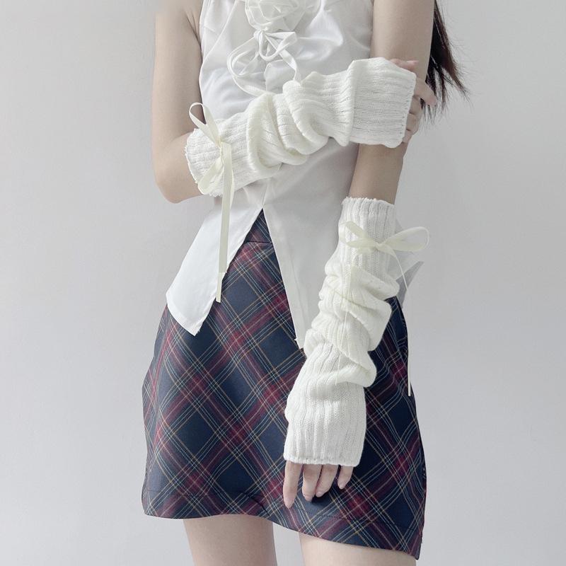 Sweet Girl Lolita Soft Arm Sleeves Bow Tie Long Hand Sleeves Lovely Knitted Fingerless Decorative Gloves Streetwear